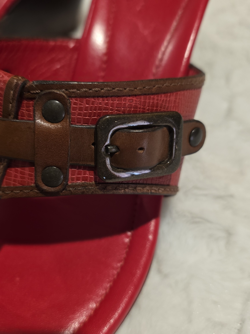 Cole Haan Red Thong Sandals with Brown Accent Straps and Stud Details - Picture 4 of 16